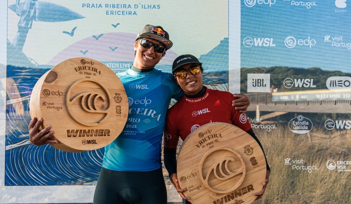 Kauli Vaast et Tya Zebrowski, vainqueurs du Ericeira Pro 2025 (circuir mondial de surf) /Photo WSL